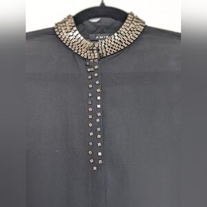 Black Sheer Button Dow Top Lond Sleeve with Embellished Collar Detail